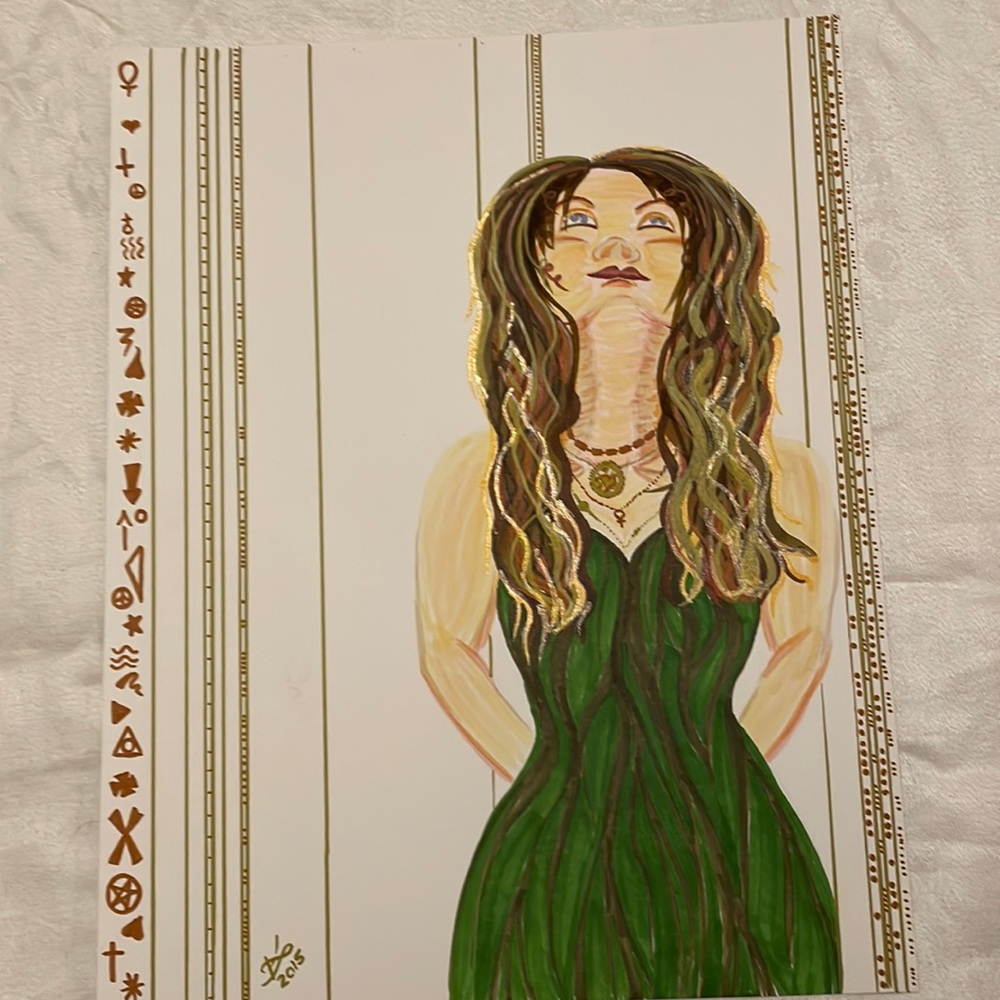 Unframed Original Art Illustration Portrait Drawing Lucy Looks Up in Alcohol Ink